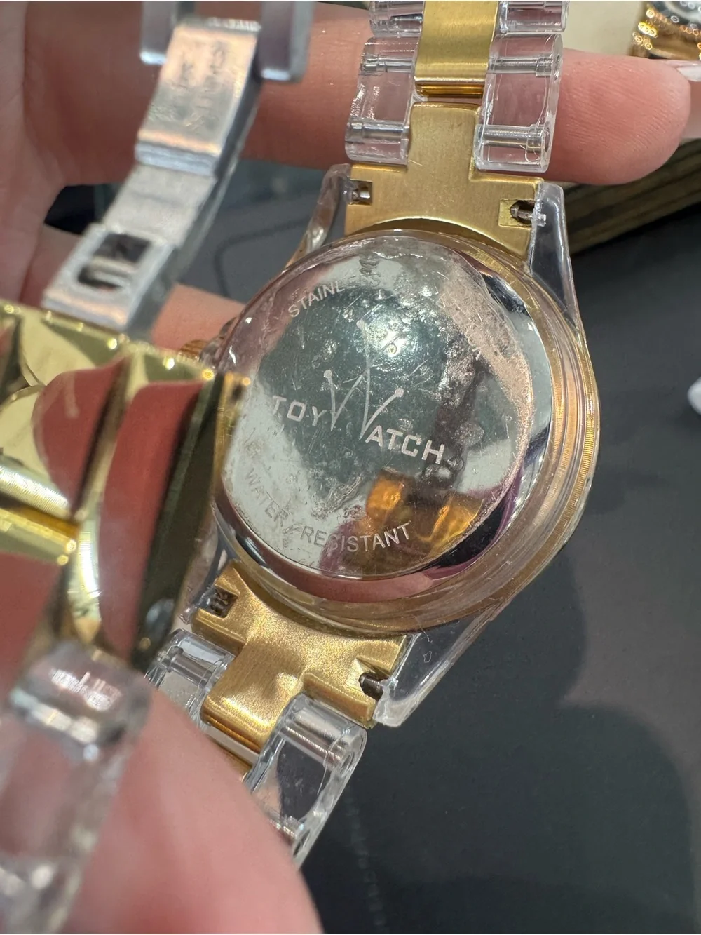 New ToyWatch Clear Acrylic Gold Tone Crystal Dial Dress Watch
